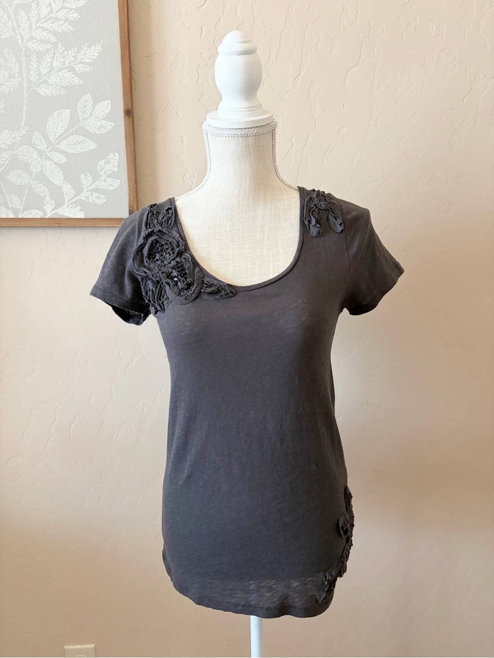 J. Crew Charcoal Gray Scoop Neck Short Sleeve Tee with Floral Appliqués